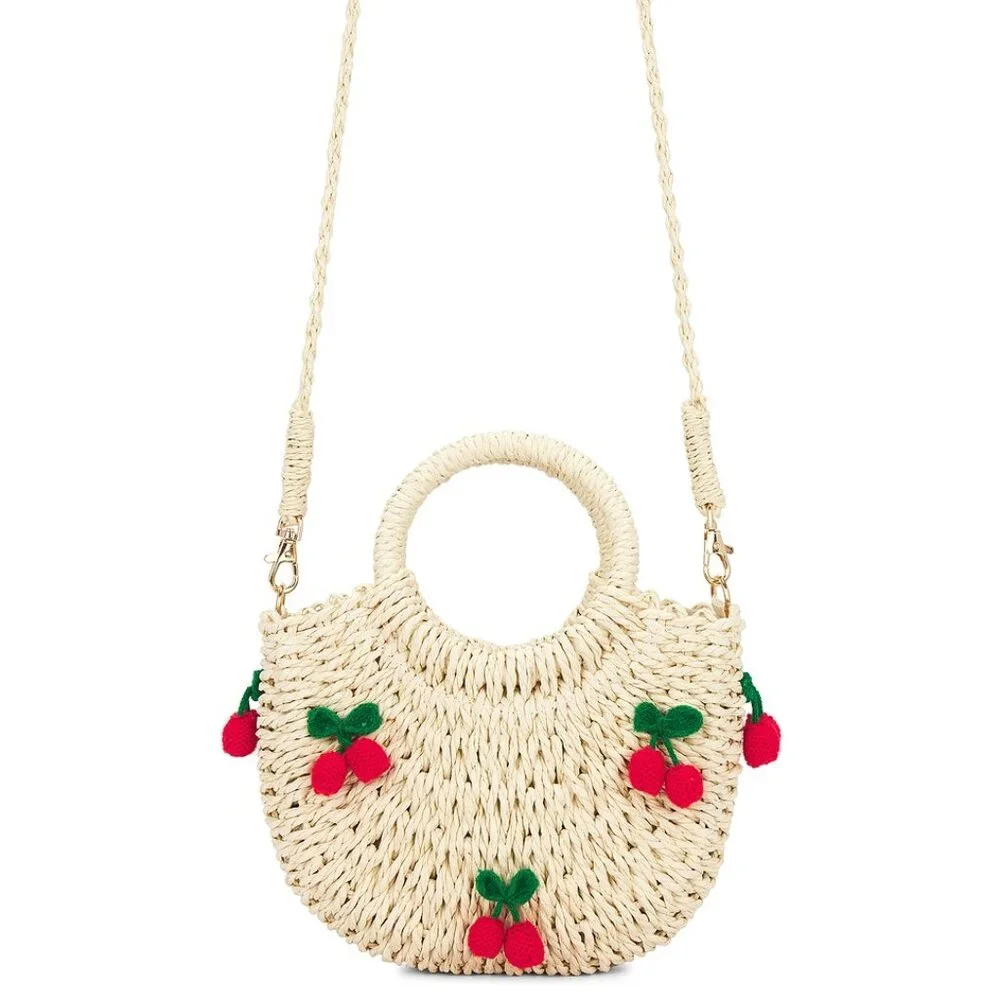 NWT Cute CHERRIES Straw bag with shoulder Strap - Picture 2 of 8